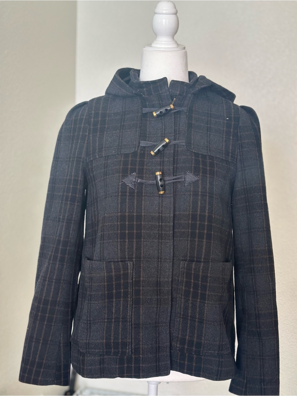 H&M Black and Brown Plaid Hooded Toggle Coat